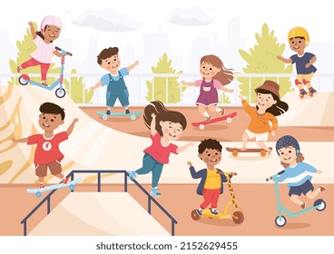 Little Boy and Girl on Skateboard and Scooter in Skate Park Having Fun and Enjoying Recreational Activity Vector Illustration
