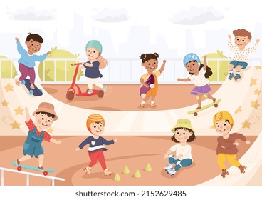 Little Boy and Girl on Skateboard and Scooter in Skate Park Having Fun and Enjoying Recreational Activity Vector Illustration