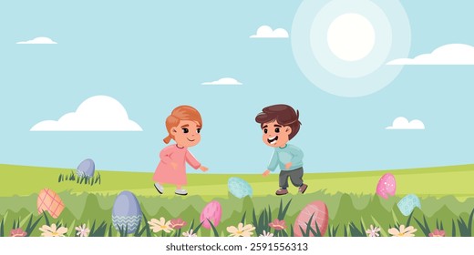 Little boy and girl on a spring lawn, searching for Easter eggs amid blossoms
