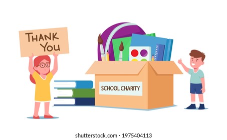 Little Boy and Girl Orphan Characters Stand at Donation Box with School Stuff, Books and Stationery. Poor Children Gratitude for Charity, Social Care and Help. Cartoon People Vector Illustration