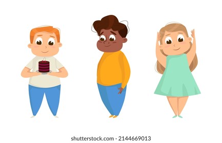 Little Boy and Girl with Overweight and Body Fat Standing and Smiling Vector Set