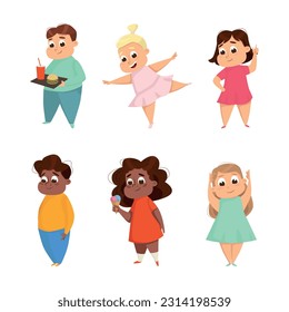 Little Boy and Girl with Overweight and Body Fat Vector Set