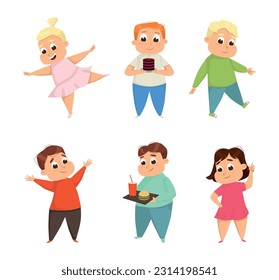 Little Boy and Girl with Overweight and Body Fat Vector Set