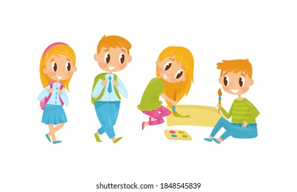 Little Boy and Girl Painting with Brush and Going to School with Backpacks Vector Illustration Set