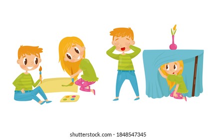 Little Boy and Girl Painting and Playing Hide-and-seek Vector Illustration Set