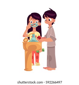 Little boy and girl in pajamas washing hands, brushing teeth, cartoon vector illustration isolated on white background.  