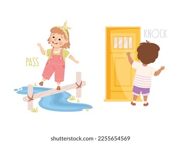 Little Boy and Girl Passing Across Stream and Knocking Door Demonstrating Vocabulary and Verb Studying Vector Set