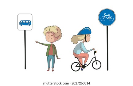 Little Boy and Girl Pedestrian Learning Road Sign and Traffic Rule Vector Set