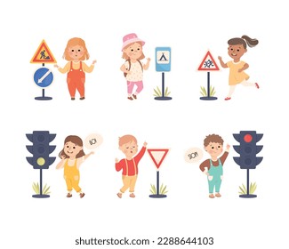 Little Boy and Girl Pedestrian Learning Road Sign and Traffic Rule Vector Set