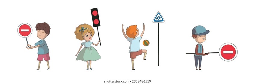 Little Boy and Girl Pedestrian Learning Road Sign and Traffic Rule Vector Set