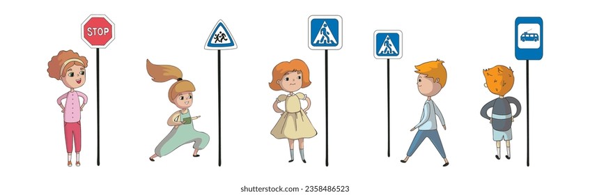 Little Boy and Girl Pedestrian Learning Road Sign and Traffic Rule Vector Set