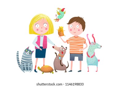 Little Boy and Girl in Pet Shop. Young kids and domestic animals cartoon. Vector illustration.