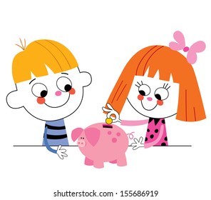 little boy and girl with piggy bank Children's savings