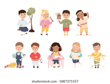 Little Boy and Girl Planting Tree, Breaking Vase, Playing with Toilet Paper and Doing Physical Exercise Vector Set