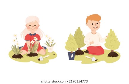 Little Boy and Girl Planting Tree and Flower in Soil Caring About Nature and Planet Vector Set