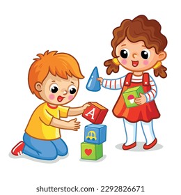 Little boy and girl play cubes on a white background. Vector illustration with children in cartoon style.