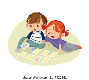 Little boy and girl play a memory board game sitting on floor. Children play with the flash cards. Kids having fun while playing table games. Spending time playing tabletop games. Vector illustration.