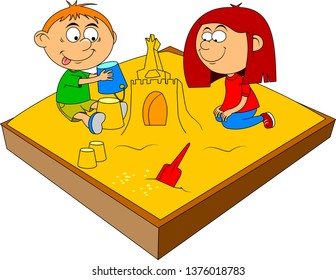 little boy and girl play in sandbox. Vector and illustration
