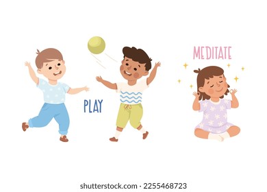 Little Boy and Girl Playing Ball and Meditating Demonstrating Vocabulary and Verb Studying Vector Set
