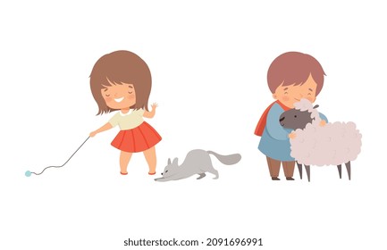 Little Boy and Girl Playing with Cat and Embracing Sheep Vector Set