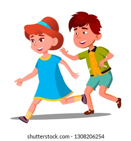 Little Boy And Girl Playing Catch-Up Vector. Isolated Illustration