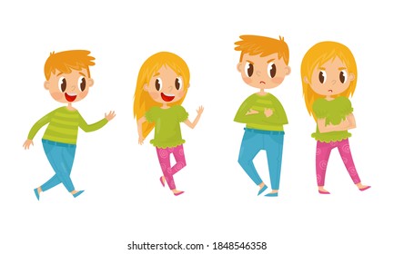 Little Boy and Girl Playing Catch-up and Getting Angry with Each Other Vector Illustration Set