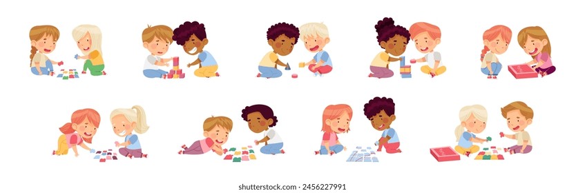 Little Boy and Girl Playing with Construction and Jigsaw Puzzle Toy Vector Set