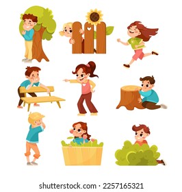 Little Boy and Girl Playing Hide and Seek Game and Having Fun Vector Set