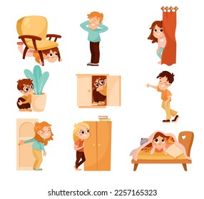 Little Boy and Girl Playing Hide and Seek Game and Having Fun Vector Set