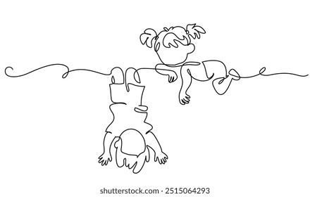 Menino e menina brincando no galho da árvore. Irmãos brincando juntos. Crianças brincando no parque infantil. As crianças parecem felizes. Desenho contínuo de uma linha. Design gráfico de ilustração vetorial