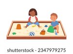 Little boy and girl playing in the sandbox. Multiculturalism and diversity. Vector illustration. Summer activities. Kids have fun outside. Funny character. Isolated on a white background