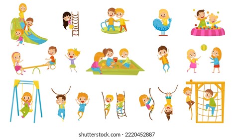 Little Boy and Girl Playing in Sandpit, Climbing Ladder, Swinging on Rope and Sliding Down on Playground Vector Set