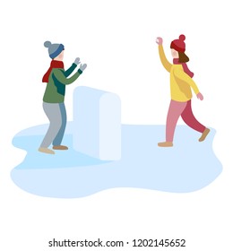 Little boy and girl playing snowball fight and having fun in snow in winter. Flat vector illustration