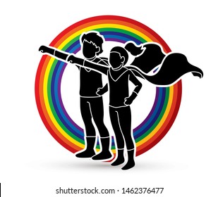 Little boy and girl playing super heroes action cartoon graphic vector.