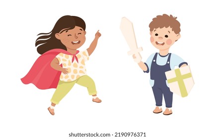 Little Boy and Girl Playing Superhero and Knight with Shield and Sword Having Happy Childhood Vector Set