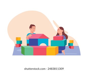 Little boy and girl playing together in a playground room, exploring and learning with friends. Character design. Vector flat illustration