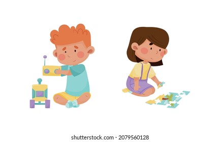 Little Boy and Girl Playing with Toy Car with Remote Control and Jigsaw Puzzle in Playroom Vector Set