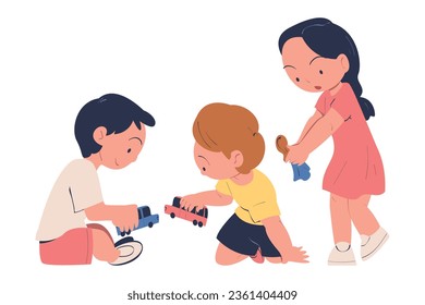 Little Boy and Girl Playing Toy Car and Doll Being at Kindergarden Vector Illustration