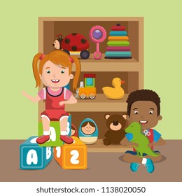 little boy and girl playing with toys characters