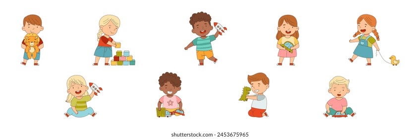 Little Boy and Girl Playing Toys in Playroom Vector Set