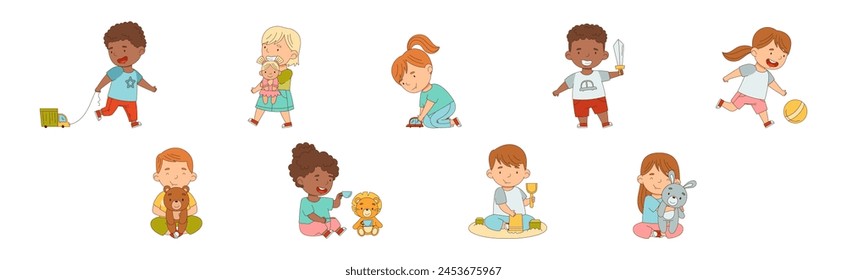 Little Boy and Girl Playing Toys in Playroom Vector Set