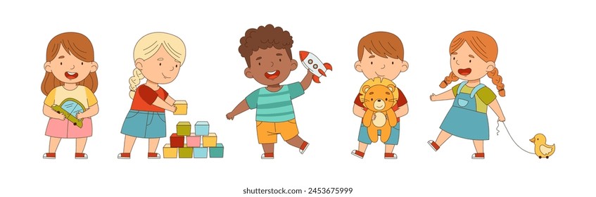 Little Boy and Girl Playing Toys in Playroom Vector Set