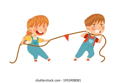 Little Boy and Girl Playing Tug of War or Rope Pulling Testing Strength Vector Illustration