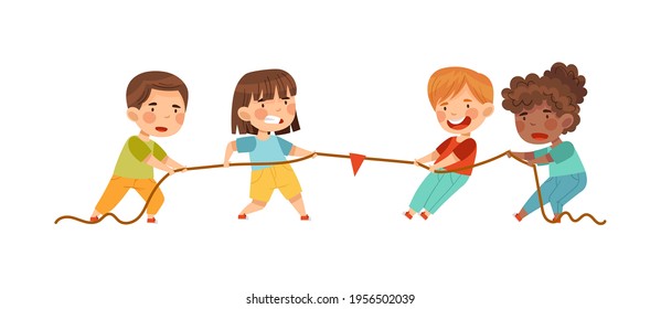 Little Boy and Girl Playing Tug of War or Rope Pulling Testing Strength Vector Illustration