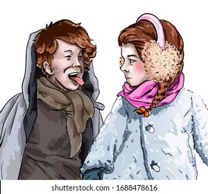 Little boy and girl posing and playing together. Kids dressed in warm clothes like overcoats and scarfs. Friends teasing each other. Hand drawn sketch, portrait of children. Illustration in flat style