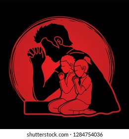 Little boy and girl prayer, Praise to the Lord , Double exposure graphic vector