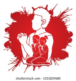Little boy and girl prayer, Praise to the Lord, Double exposure graphic vector