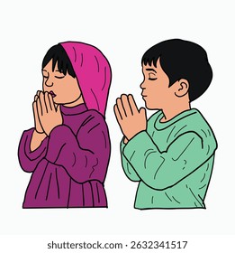 garotinho e menina rezando. Ilustração de estilo de desenho animado
