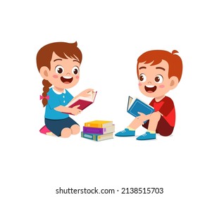 little boy and girl read book together