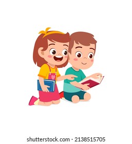 little boy and girl read book together